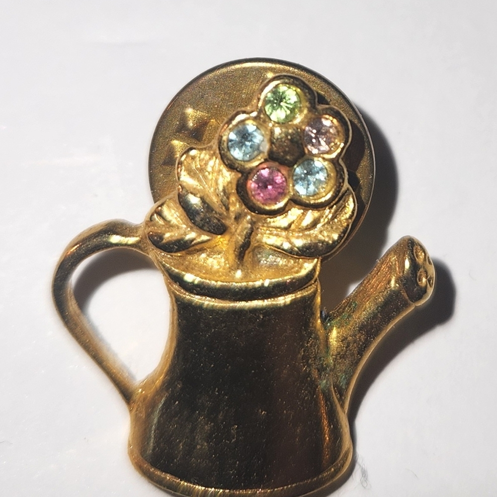 Gold Watering Can Brooch with Multicolor Gemstones